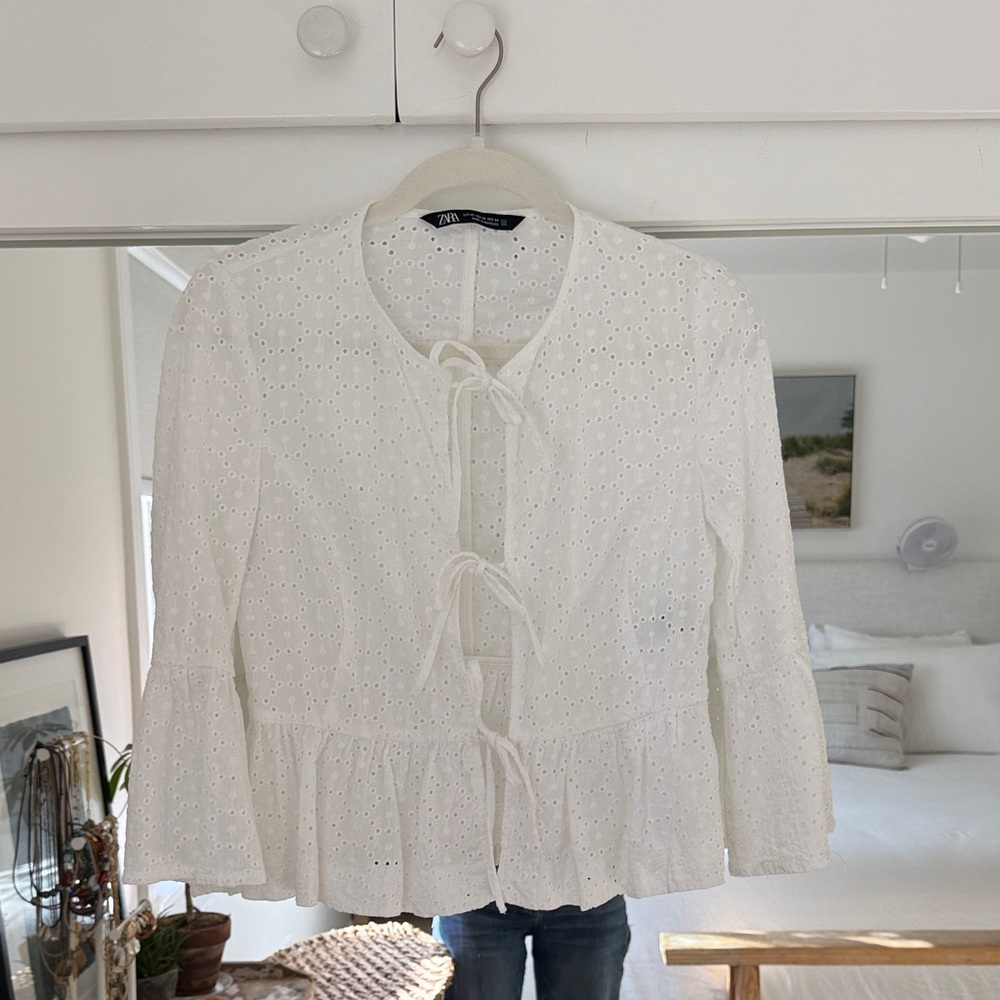 Zara White Eyelet Blouse with Tie Front